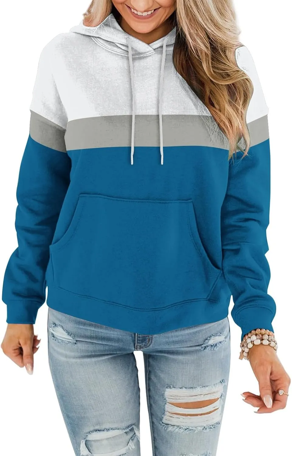 Womens Color Block Hooded Sweatshirts Casual Everyday Hoodies Long Sleeve Soft Loose Cozy Versatile Pullover Tops