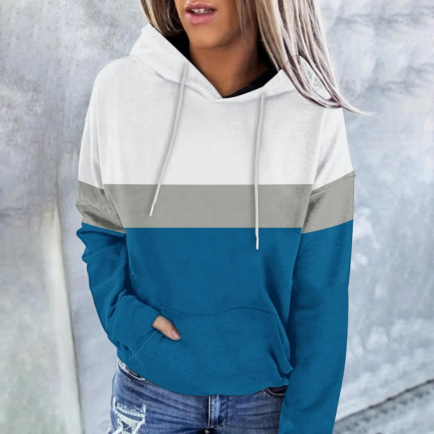Womens Color Block Hooded Sweatshirts Casual Everyday Hoodies Long Sleeve Soft Loose Cozy Versatile Pullover Tops