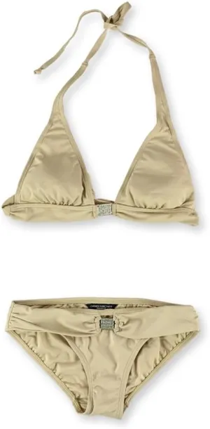 Womens Embellished Brief 2 Piece Bikini, Beige, X-Small