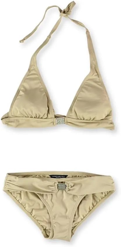 Womens Embellished Brief 2 Piece Bikini, Beige, X-Small