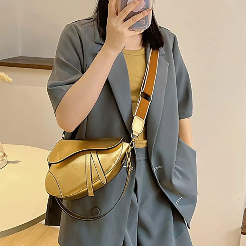 Women's Fashion Glossy Surface Saddle Shoulder Bag, PU Leather Clutch Underarm Handbag,Trendy Cow Print Satchel,Crossbody