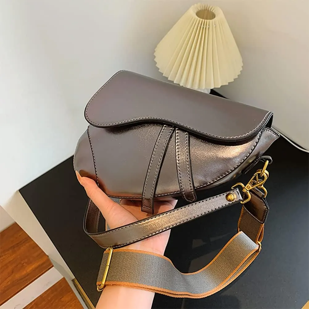 Women's Fashion Glossy Surface Saddle Shoulder Bag, PU Leather Clutch Underarm Handbag,Trendy Cow Print Satchel,Crossbody