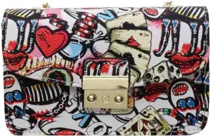 Women’s Fashion Printed Shoulder Bag, PU Leather Graffiti Square Tote Purse, Ladies Vintage Painted Pattern Crossbody Bag