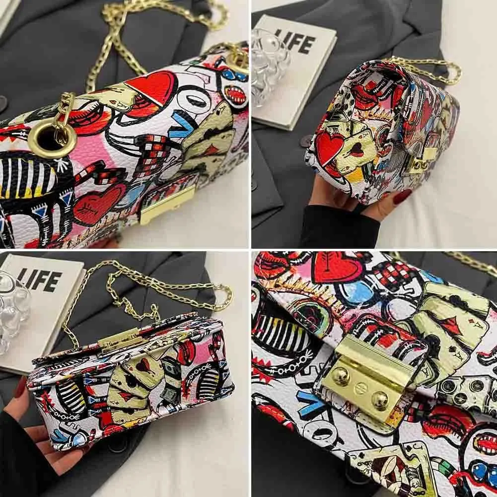 Women’s Fashion Printed Shoulder Bag, PU Leather Graffiti Square Tote Purse, Ladies Vintage Painted Pattern Crossbody Bag