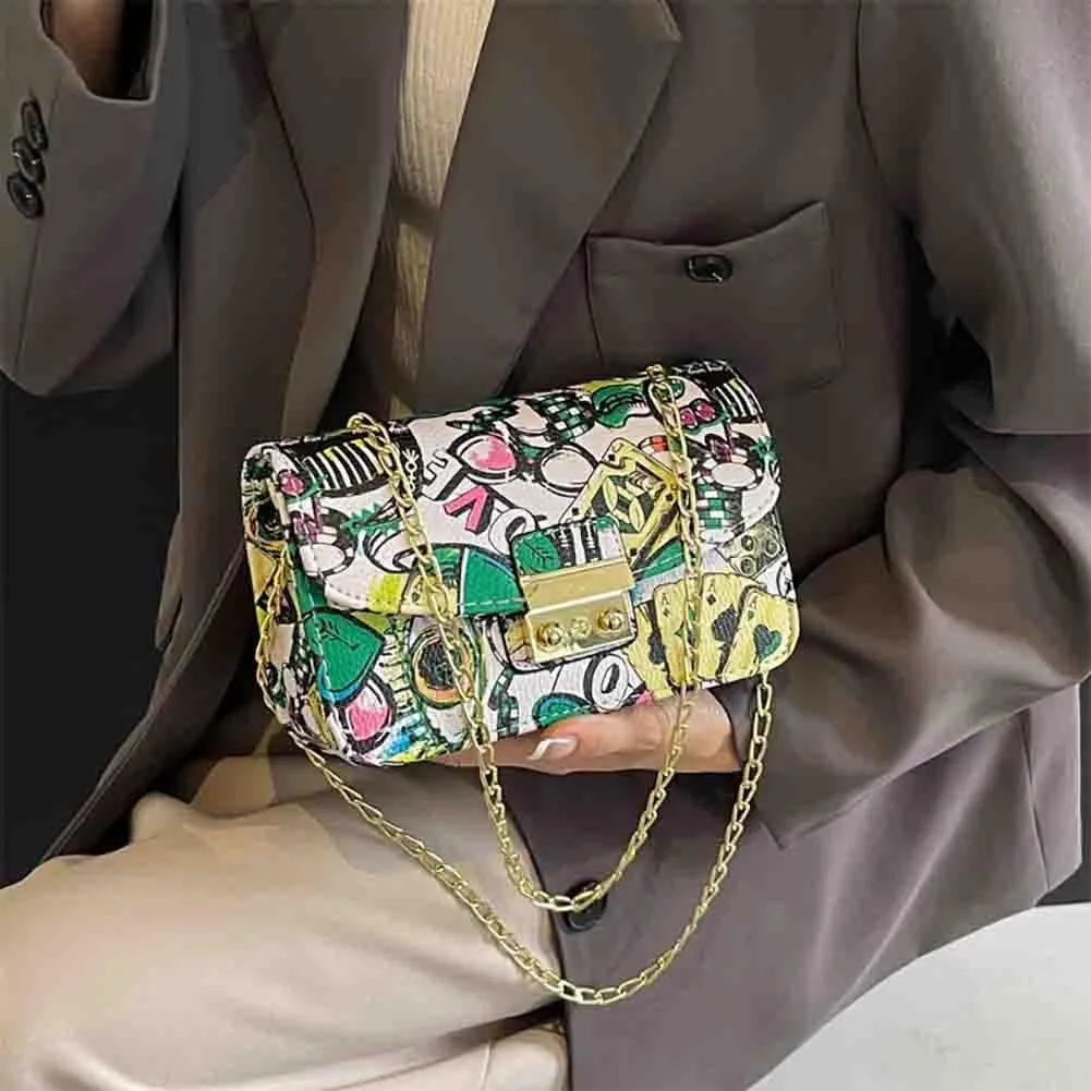 Women’s Fashion Printed Shoulder Bag, PU Leather Graffiti Square Tote Purse, Ladies Vintage Painted Pattern Crossbody Bag