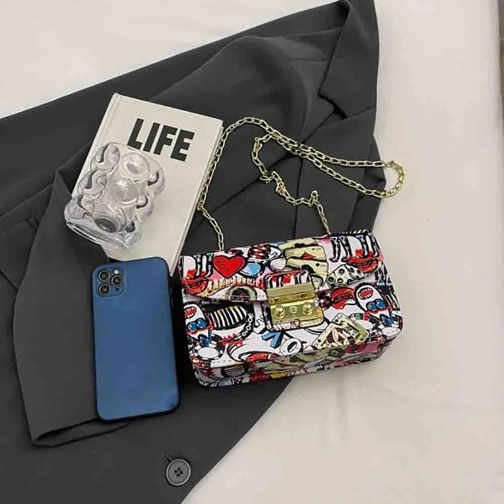 Women’s Fashion Printed Shoulder Bag, PU Leather Graffiti Square Tote Purse, Ladies Vintage Painted Pattern Crossbody Bag