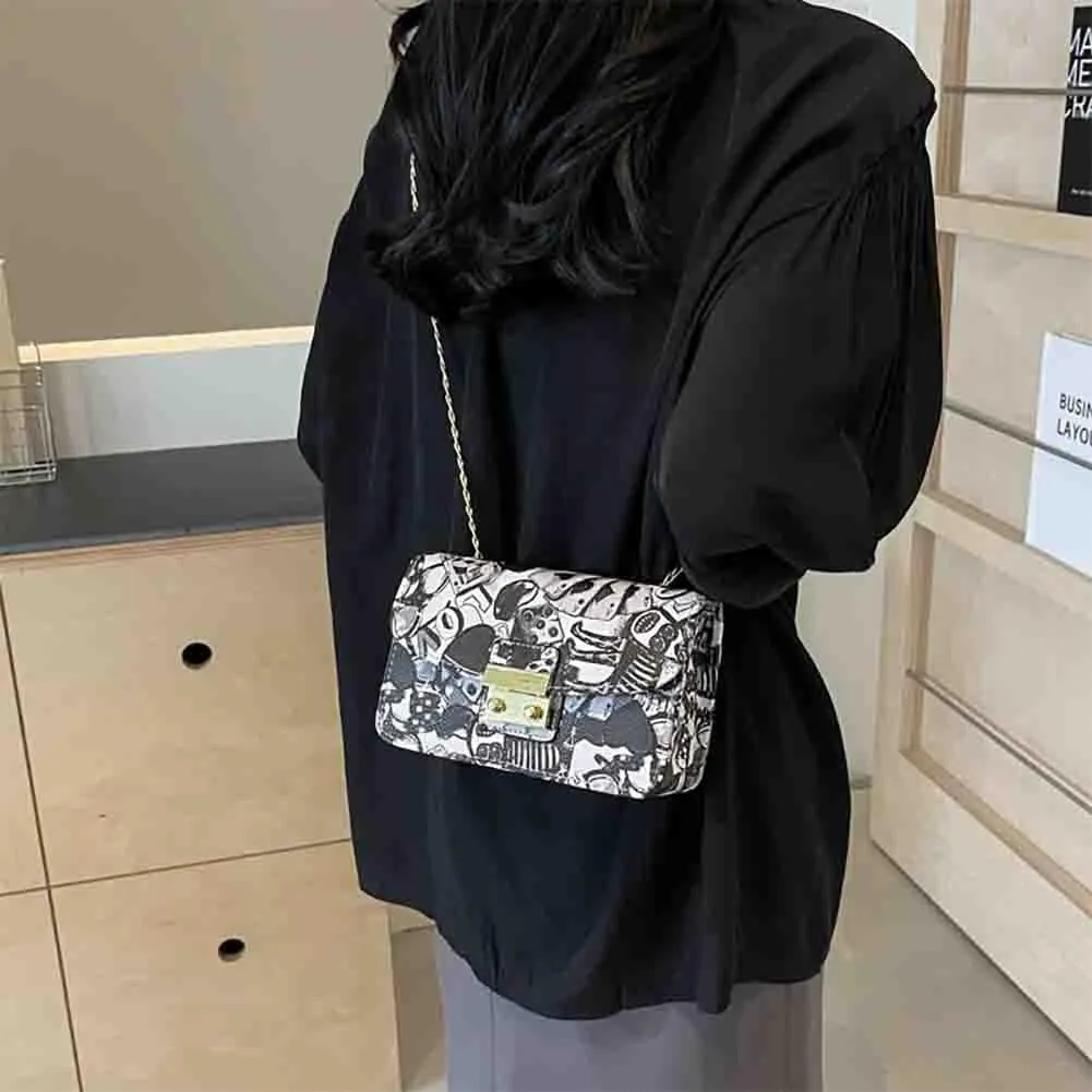 Women’s Fashion Printed Shoulder Bag, PU Leather Graffiti Square Tote Purse, Ladies Vintage Painted Pattern Crossbody Bag