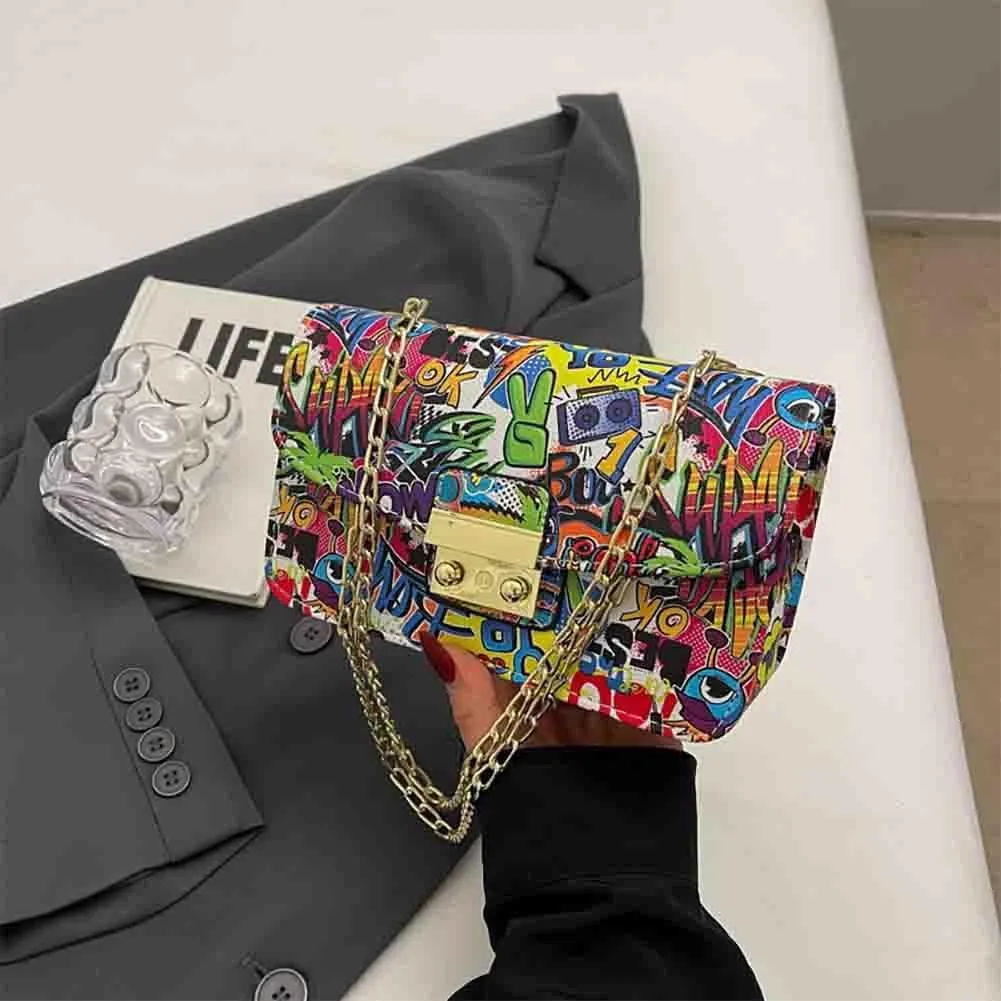 Women’s Fashion Printed Shoulder Bag, PU Leather Graffiti Square Tote Purse, Ladies Vintage Painted Pattern Crossbody Bag