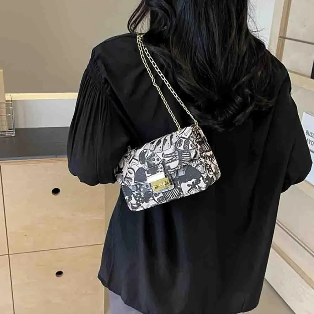 Women’s Fashion Printed Shoulder Bag, PU Leather Graffiti Square Tote Purse, Ladies Vintage Painted Pattern Crossbody Bag