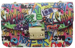 Women’s Fashion Printed Shoulder Bag, PU Leather Graffiti Square Tote Purse, Ladies Vintage Painted Pattern Crossbody Bag