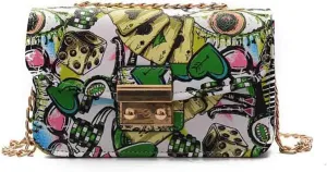 Women’s Fashion Printed Shoulder Bag, PU Leather Graffiti Square Tote Purse, Ladies Vintage Painted Pattern Crossbody Bag