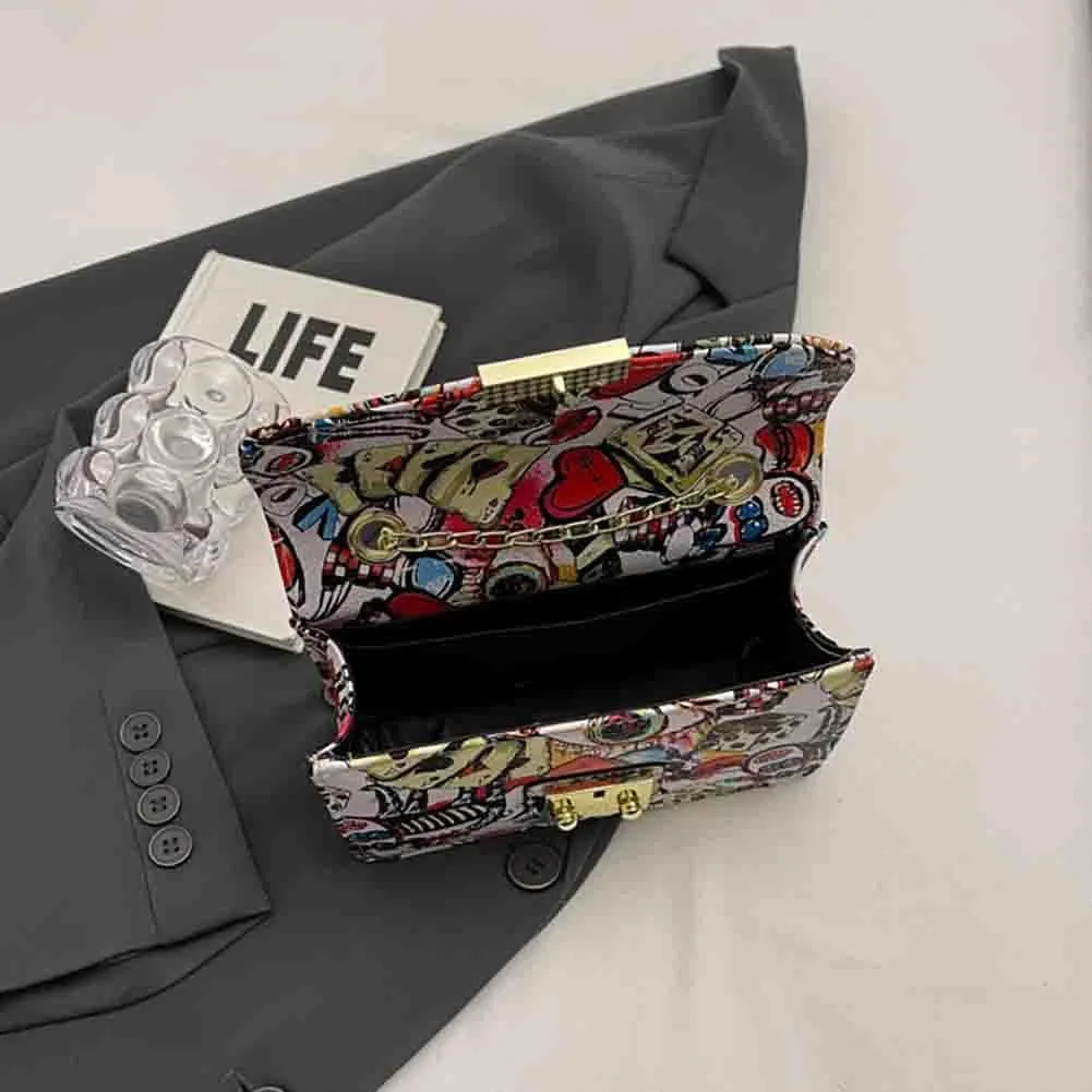 Women’s Fashion Printed Shoulder Bag, PU Leather Graffiti Square Tote Purse, Ladies Vintage Painted Pattern Crossbody Bag