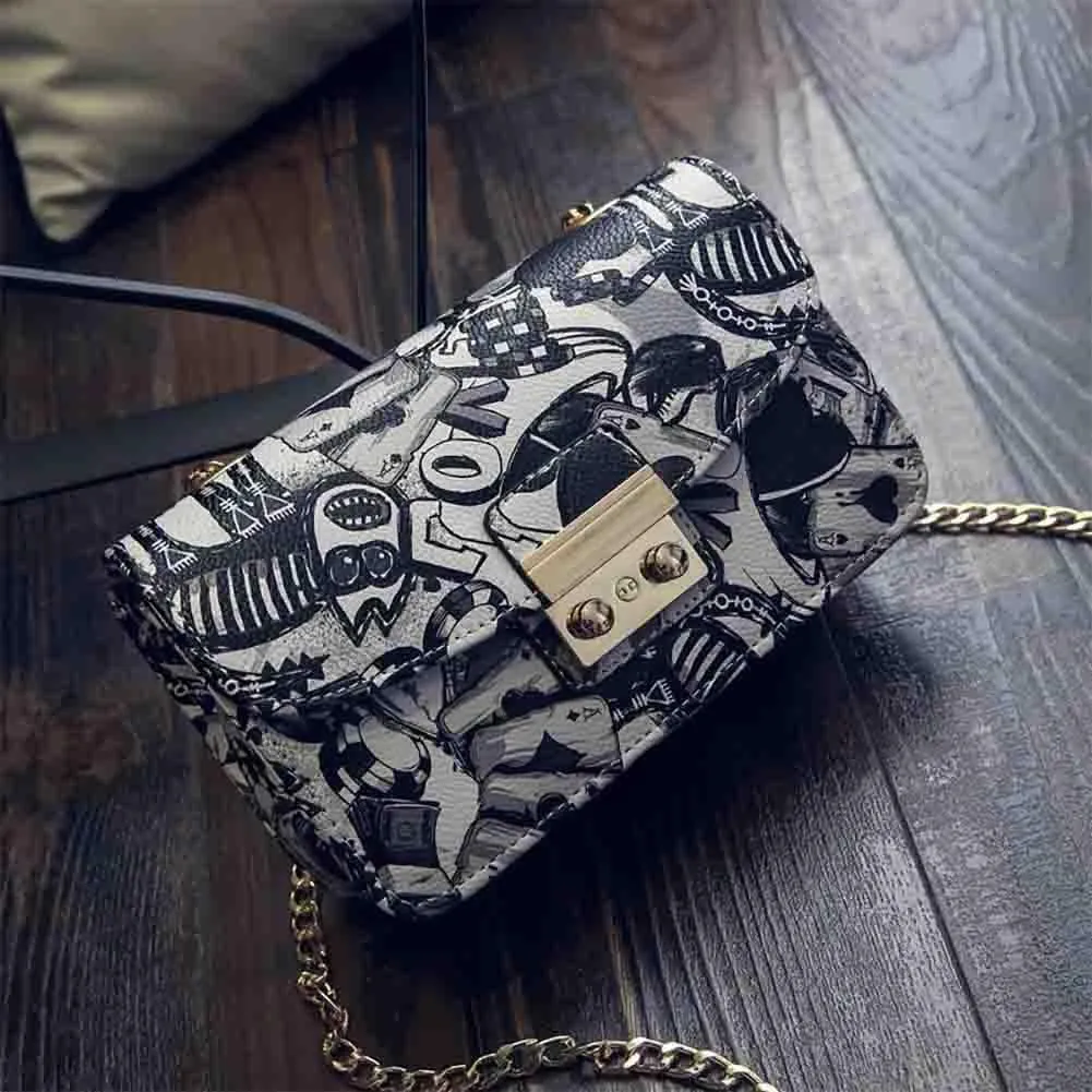 Women’s Fashion Printed Shoulder Bag, PU Leather Graffiti Square Tote Purse, Ladies Vintage Painted Pattern Crossbody Bag