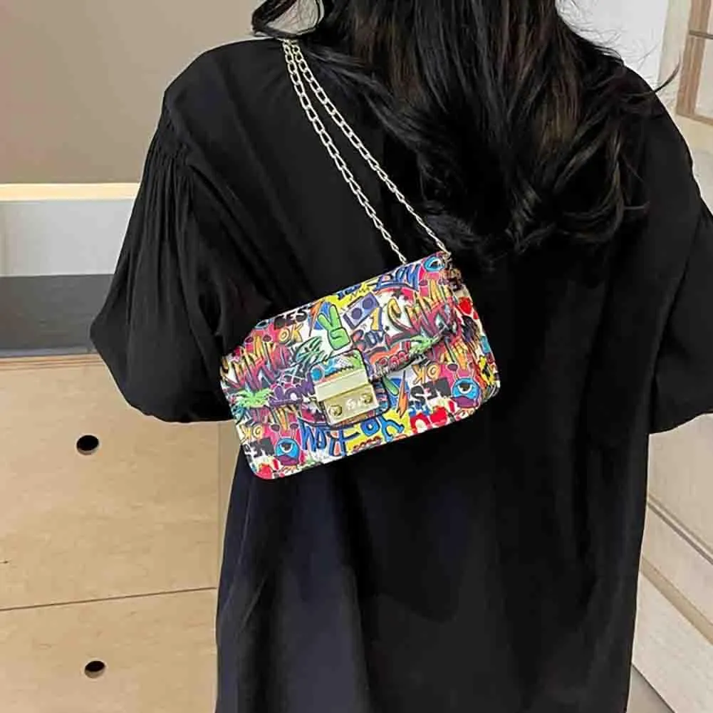 Women’s Fashion Printed Shoulder Bag, PU Leather Graffiti Square Tote Purse, Ladies Vintage Painted Pattern Crossbody Bag