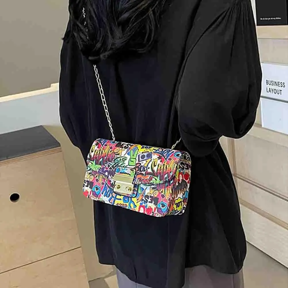 Women’s Fashion Printed Shoulder Bag, PU Leather Graffiti Square Tote Purse, Ladies Vintage Painted Pattern Crossbody Bag