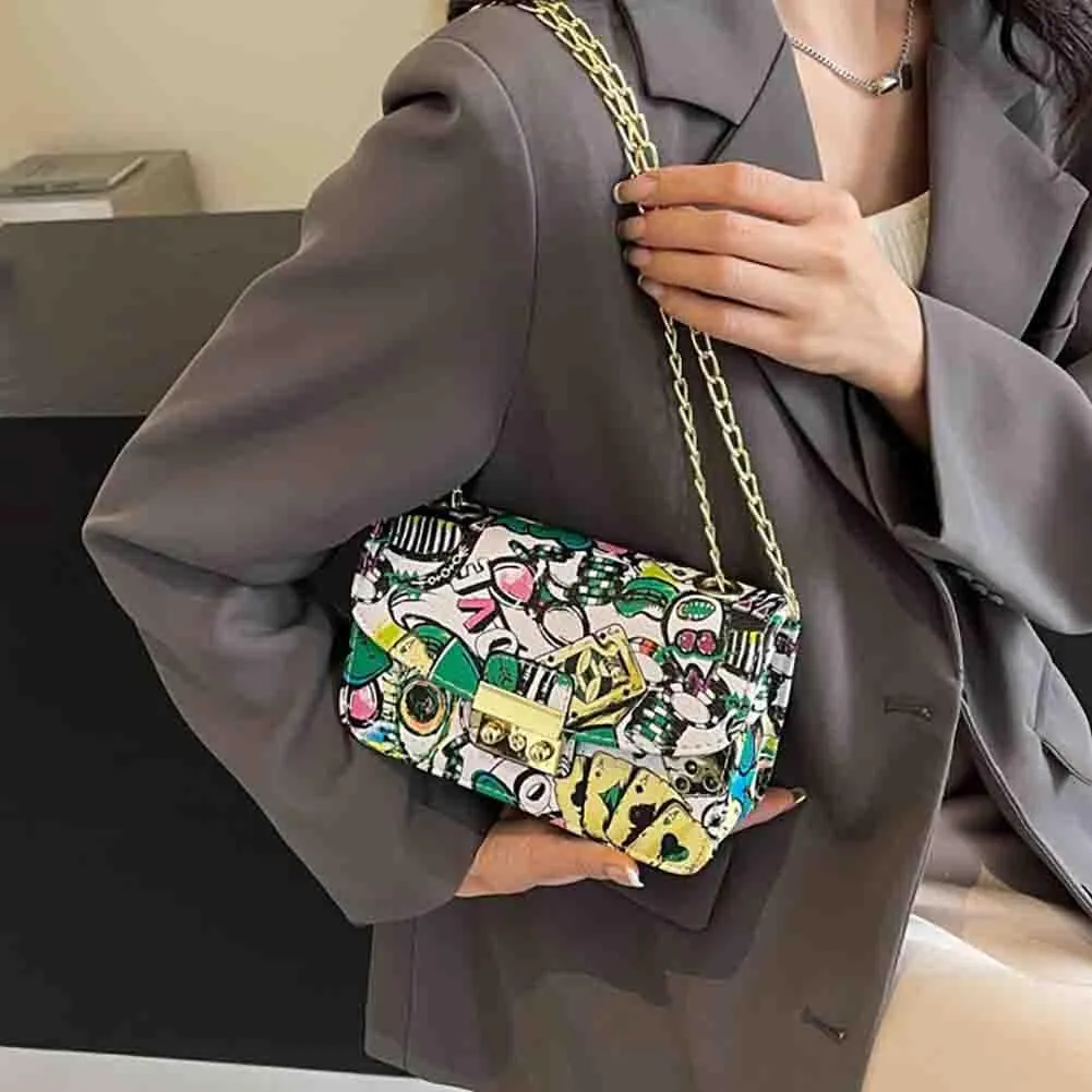 Women’s Fashion Printed Shoulder Bag, PU Leather Graffiti Square Tote Purse, Ladies Vintage Painted Pattern Crossbody Bag
