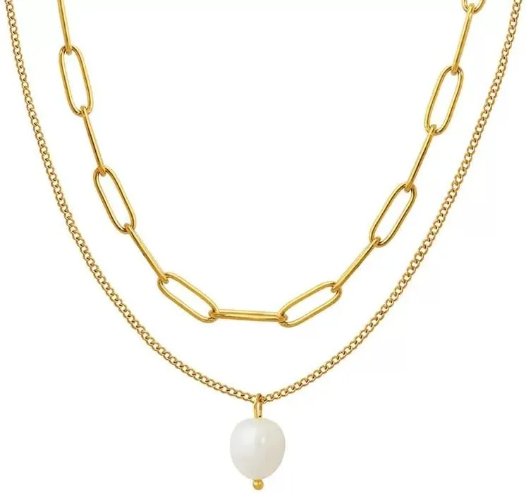 Women's Layered Freshwater Pearl Collarbone Necklace, Titanium Steel Minimalist Jewelry Necklace, Trendy Cold Tone Aesthetic Gift