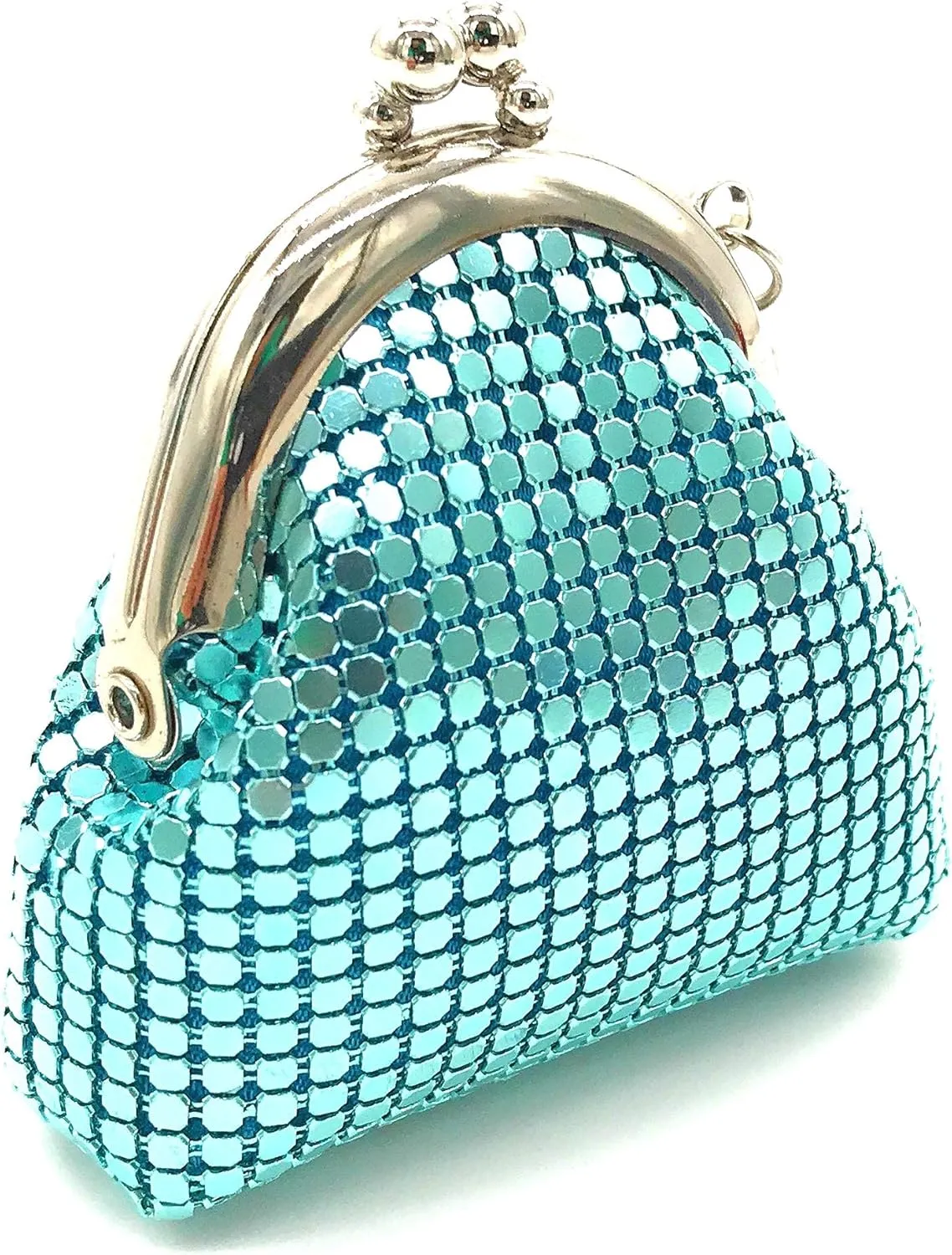Women's Metal Mesh mini Coin Purse with Kiss Lock Closure and key chain. (Light Blue)