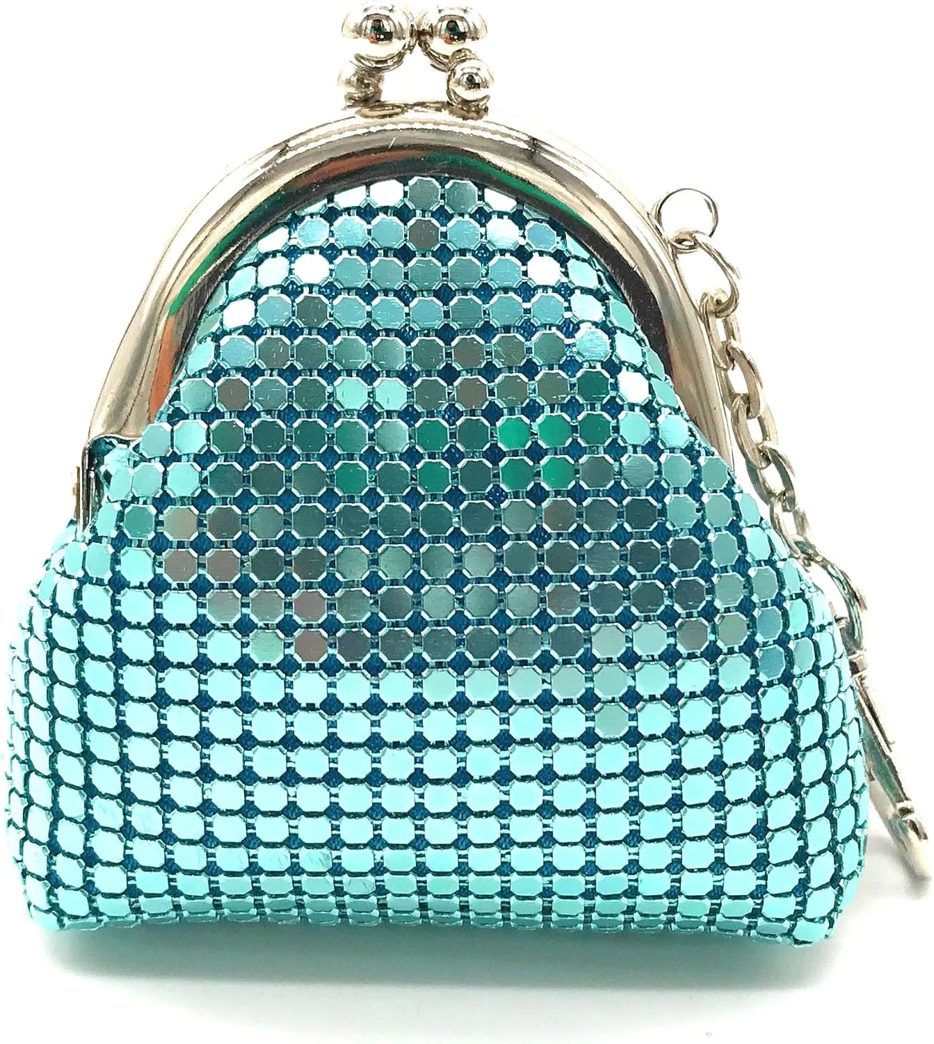 Women's Metal Mesh mini Coin Purse with Kiss Lock Closure and key chain. (Light Blue)