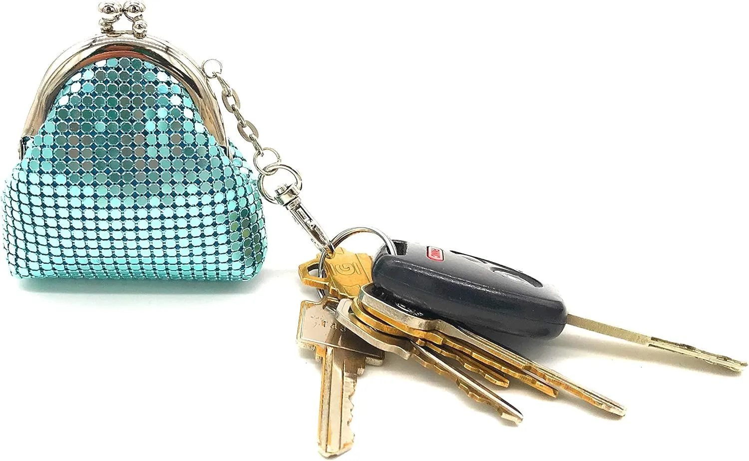 Women's Metal Mesh mini Coin Purse with Kiss Lock Closure and key chain. (Light Blue)