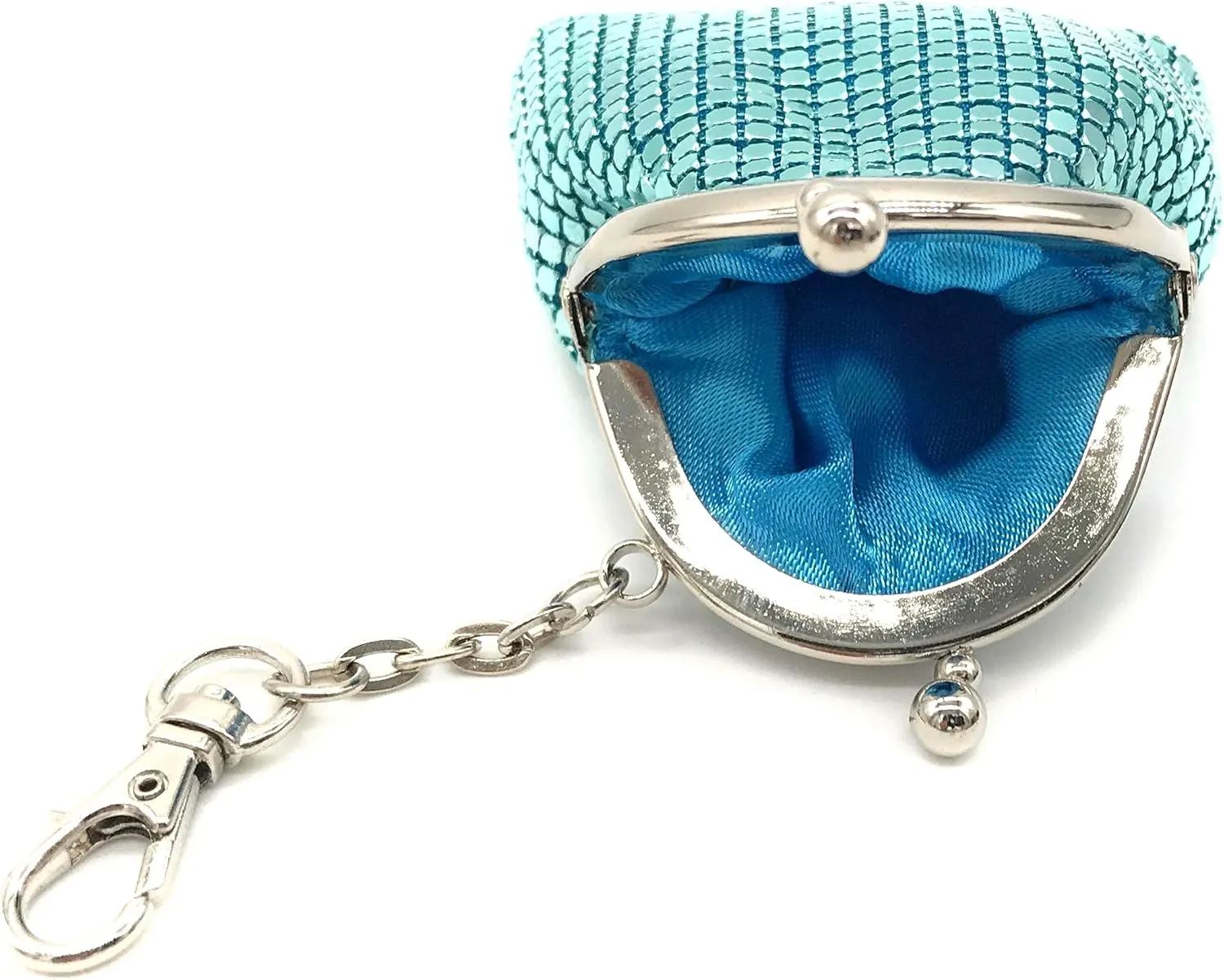 Women's Metal Mesh mini Coin Purse with Kiss Lock Closure and key chain. (Light Blue)