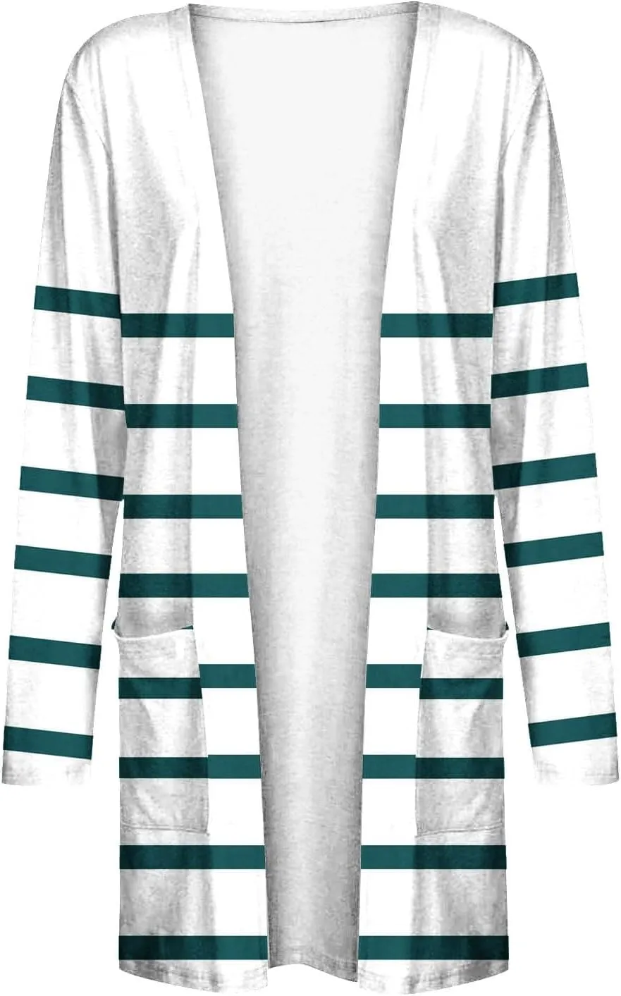 Womens Open Front Long Sleeve Cardigan Striped Cardigans Casual Lightweight Trendy Sweater with Pockets