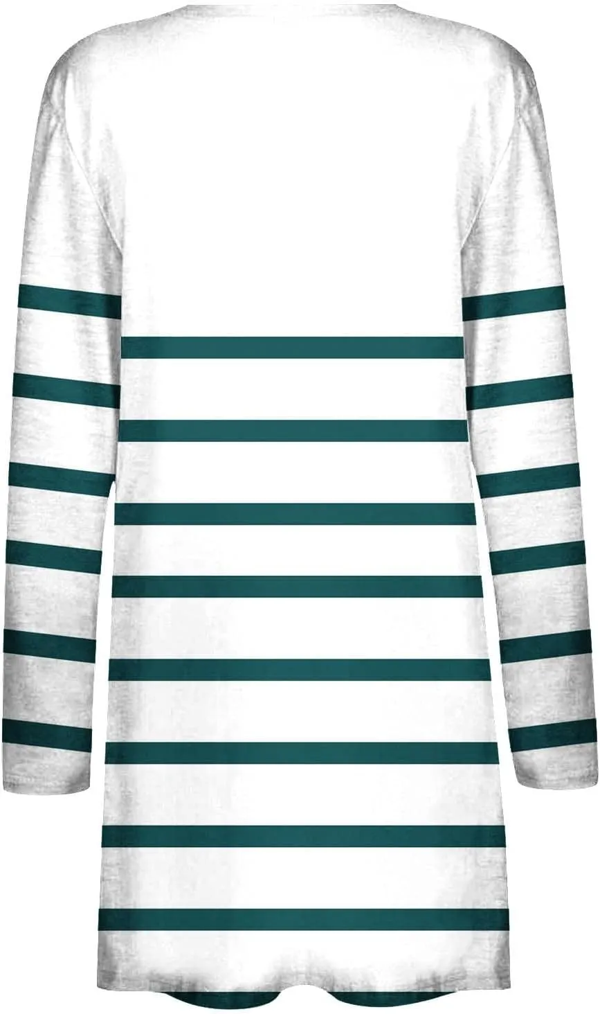 Womens Open Front Long Sleeve Cardigan Striped Cardigans Casual Lightweight Trendy Sweater with Pockets