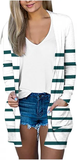 Womens Open Front Long Sleeve Cardigan Striped Cardigans Casual Lightweight Trendy Sweater with Pockets