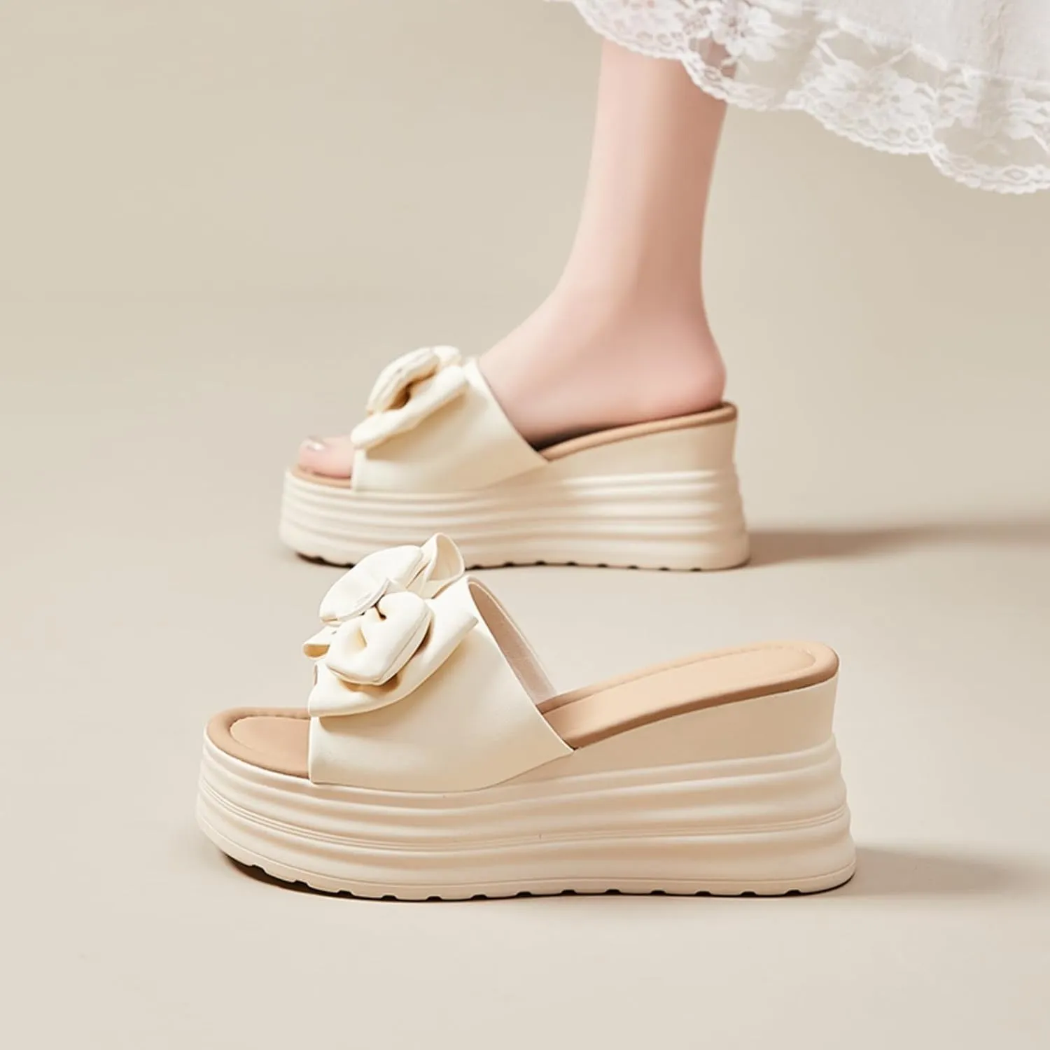Women's Platform Slippers with Bow Accent Non-Slip Wedge Sandals, Breathable Casual House Shoes