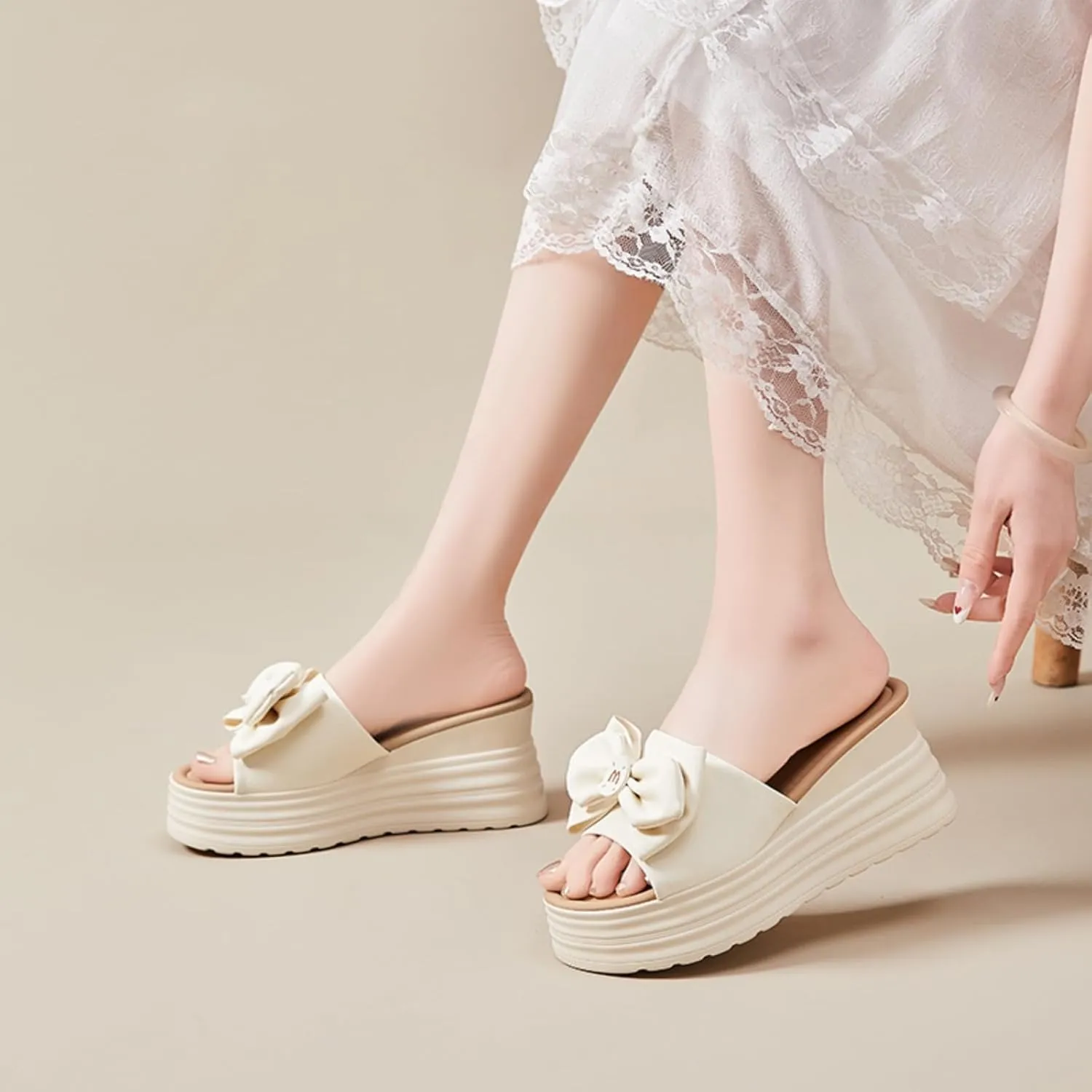 Women's Platform Slippers with Bow Accent Non-Slip Wedge Sandals, Breathable Casual House Shoes