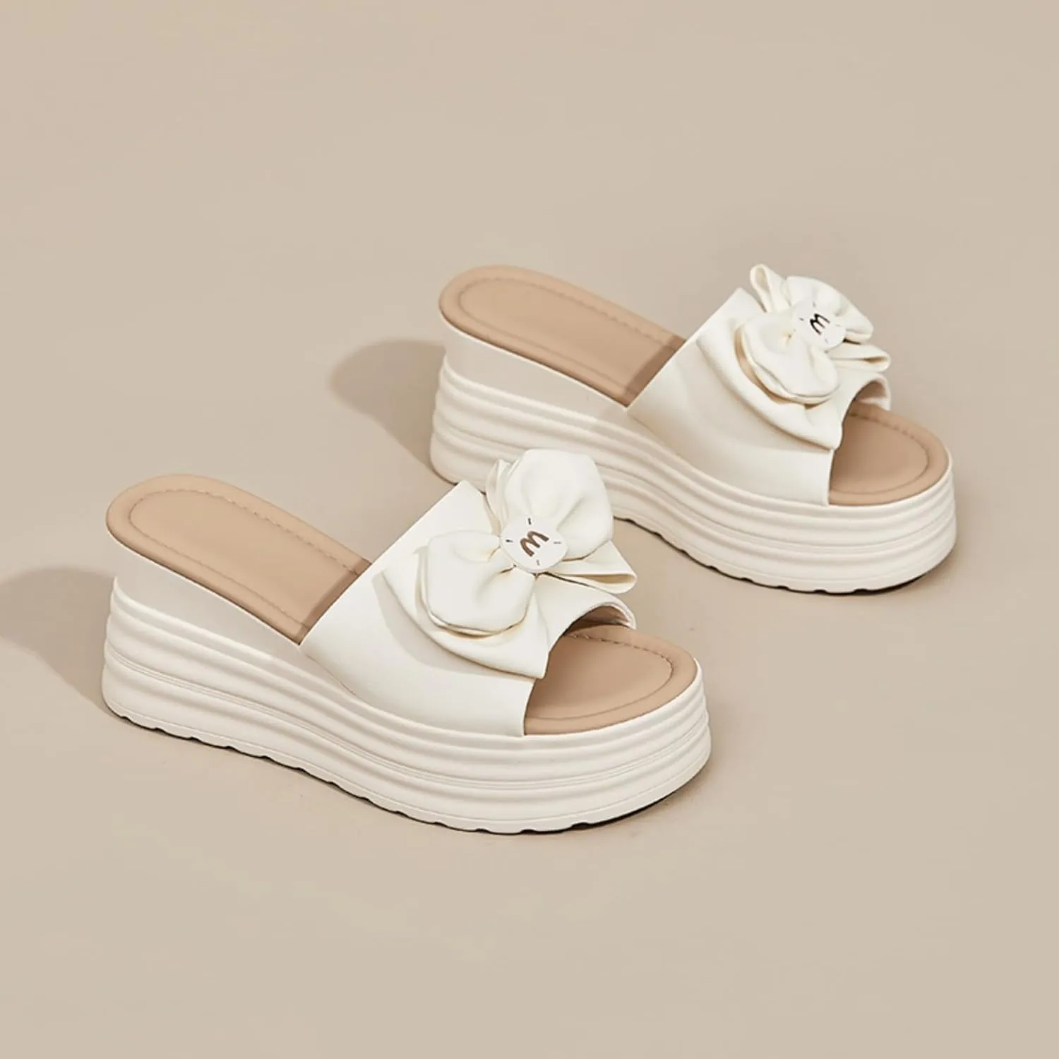 Women's Platform Slippers with Bow Accent Non-Slip Wedge Sandals, Breathable Casual House Shoes