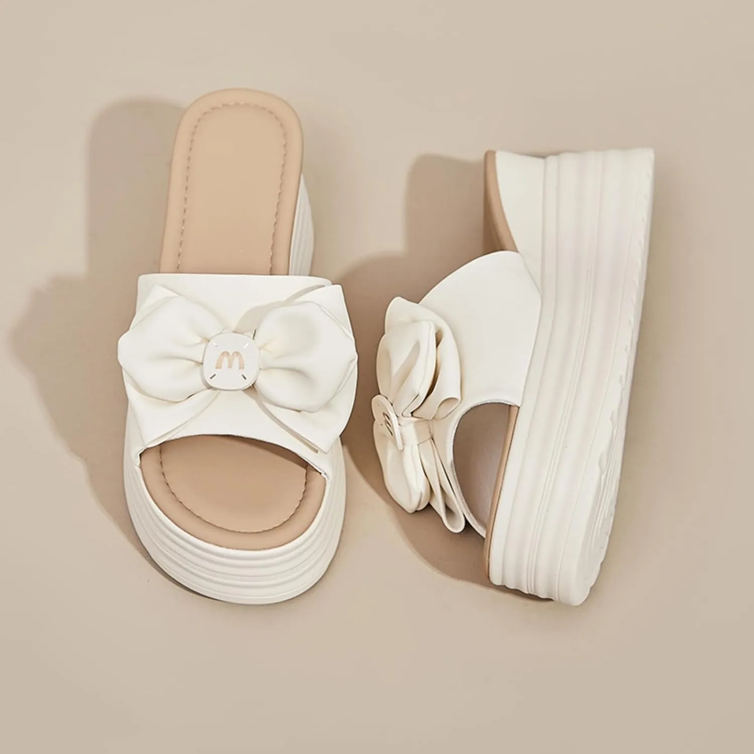 Women's Platform Slippers with Bow Accent Non-Slip Wedge Sandals, Breathable Casual House Shoes