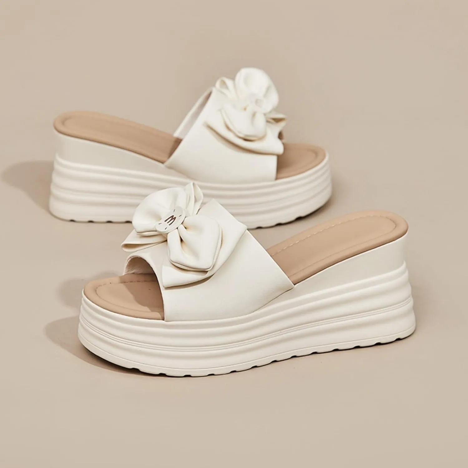 Women's Platform Slippers with Bow Accent Non-Slip Wedge Sandals, Breathable Casual House Shoes