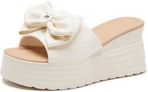 Women's Platform Slippers with Bow Accent Non-Slip Wedge Sandals, Breathable Casual House Shoes
