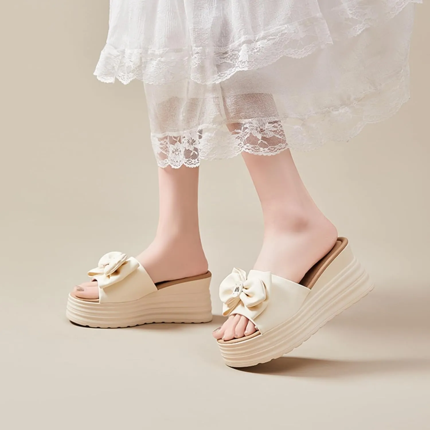 Women's Platform Slippers with Bow Accent Non-Slip Wedge Sandals, Breathable Casual House Shoes