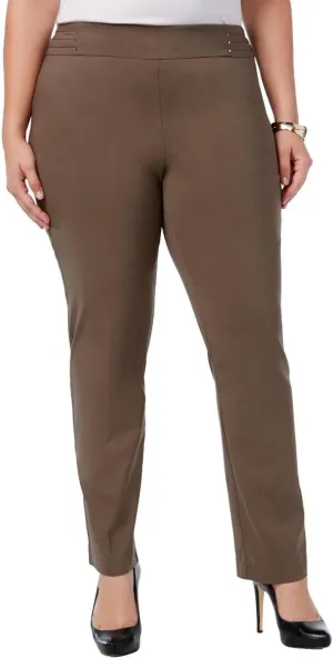 Womens Plus Embellished Tummy Control Straight Leg Pants Brown 24W