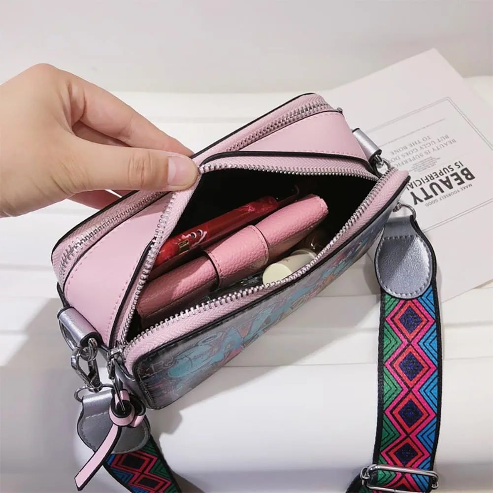 Women's Printed Graffiti Shoulder Bag, PU Hip Hop Fashion Square Crossbody Bag, Retro Casual Multicolor Clutch Purse
