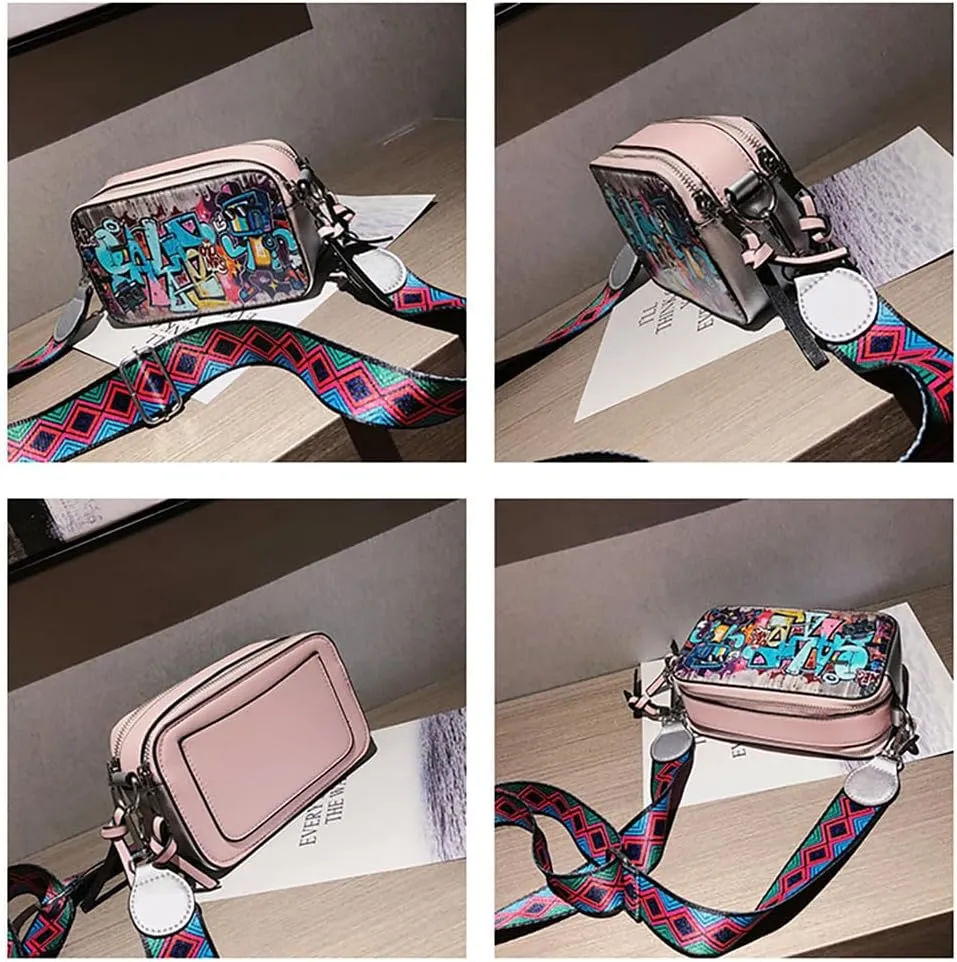 Women's Printed Graffiti Shoulder Bag, PU Hip Hop Fashion Square Crossbody Bag, Retro Casual Multicolor Clutch Purse