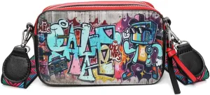 Women's Printed Graffiti Shoulder Bag, PU Hip Hop Fashion Square Crossbody Bag, Retro Casual Multicolor Clutch Purse