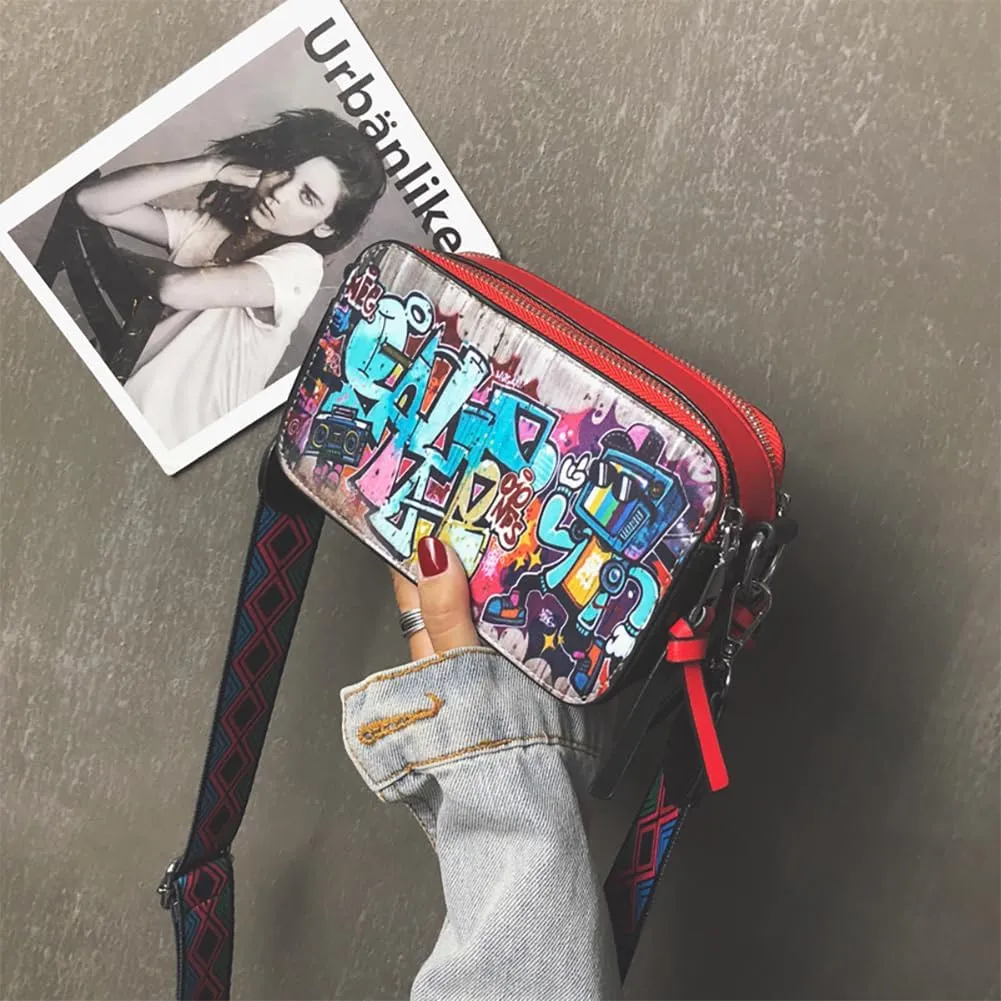 Women's Printed Graffiti Shoulder Bag, PU Hip Hop Fashion Square Crossbody Bag, Retro Casual Multicolor Clutch Purse