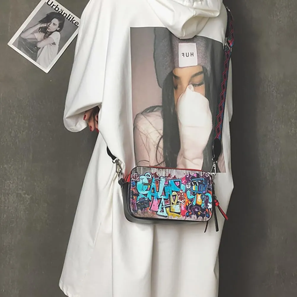 Women's Printed Graffiti Shoulder Bag, PU Hip Hop Fashion Square Crossbody Bag, Retro Casual Multicolor Clutch Purse