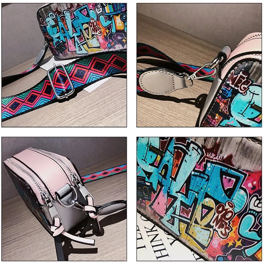 Women's Printed Graffiti Shoulder Bag, PU Hip Hop Fashion Square Crossbody Bag, Retro Casual Multicolor Clutch Purse