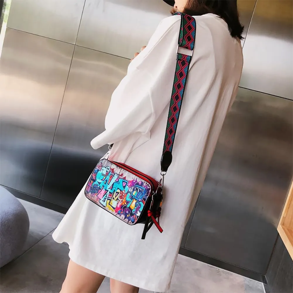 Women's Printed Graffiti Shoulder Bag, PU Hip Hop Fashion Square Crossbody Bag, Retro Casual Multicolor Clutch Purse