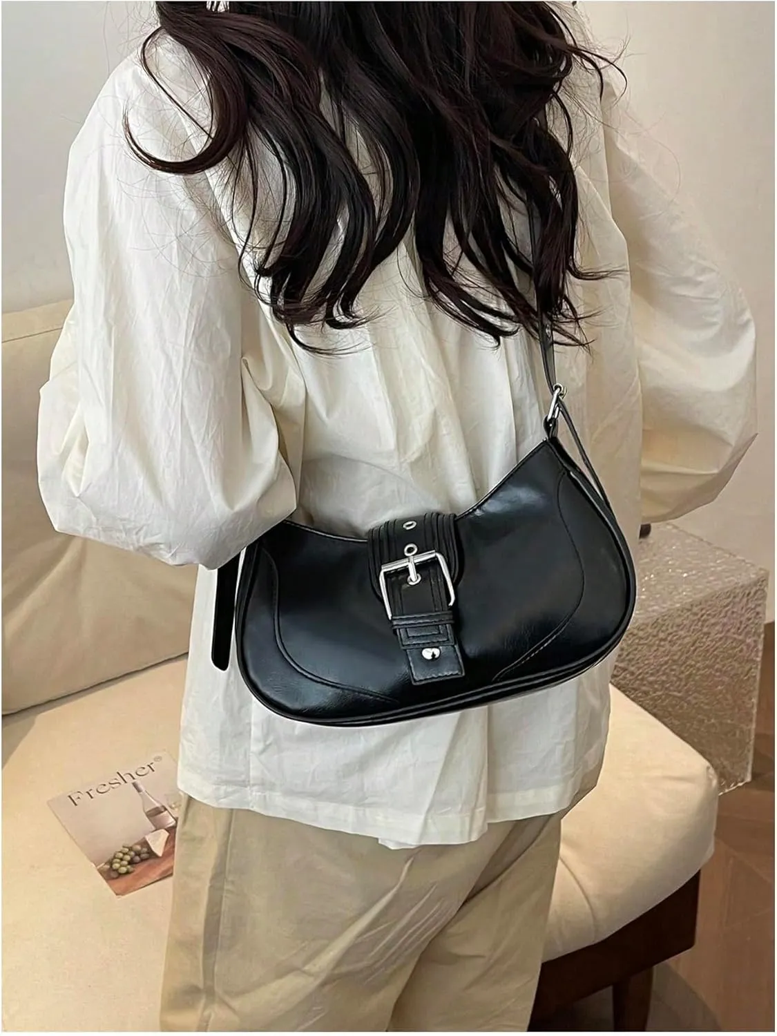 Women's PU Leather Zipper Closure Shoulder Handbags Vintage Belt Buckle Crossbody Hobo Bags Purse