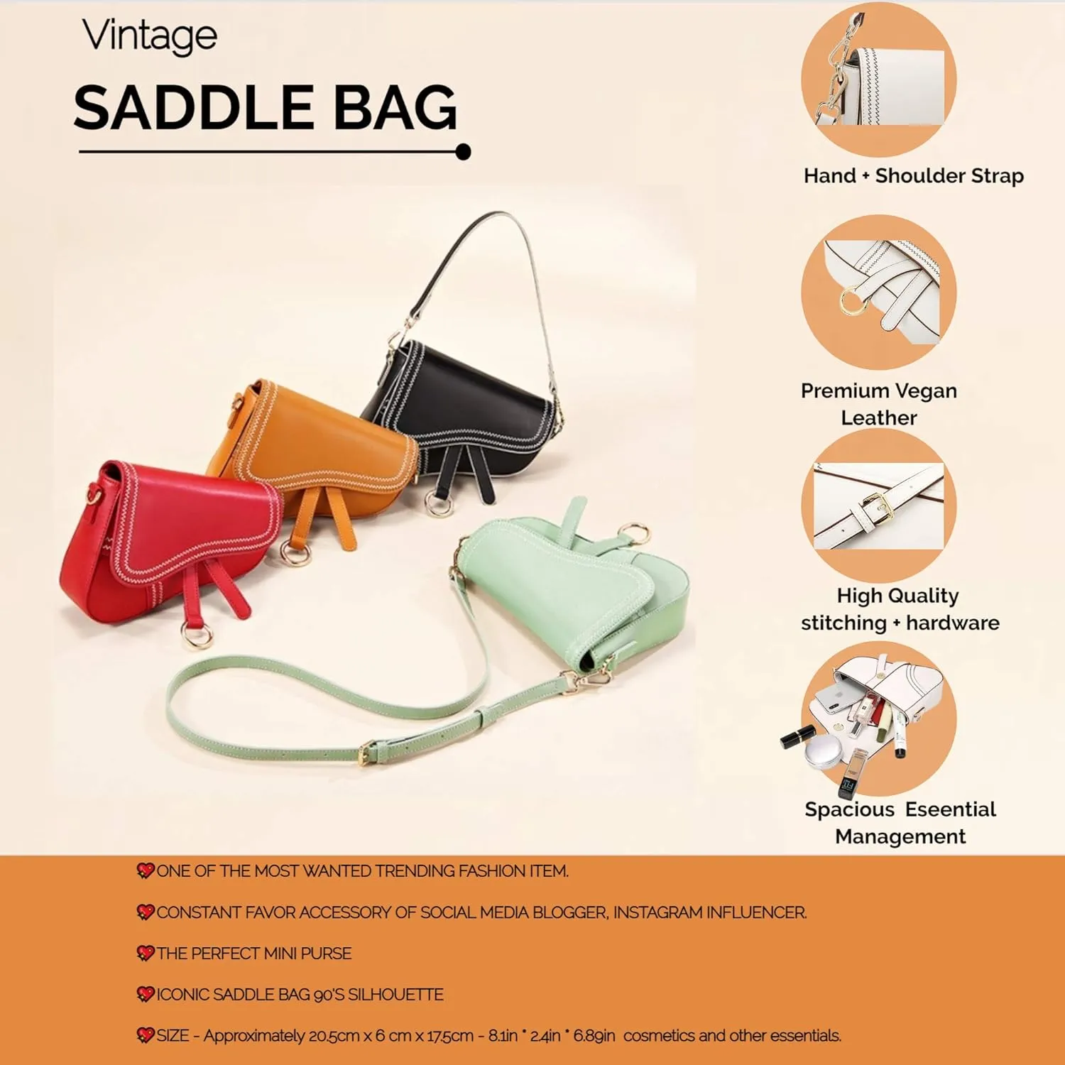 Women's Saddle Bag Vintage Stitching Mini Crossbody Shoulder Strap Small Purse