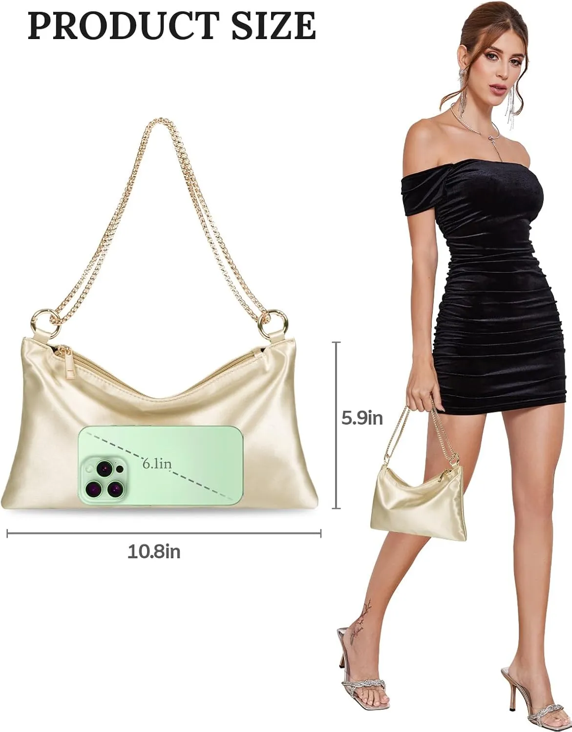 Women’s Satin Evening Bag Clutch Purse Handbag for Women Wedding Shoulder Bag with 2 Chains for Formal Cocktail Party