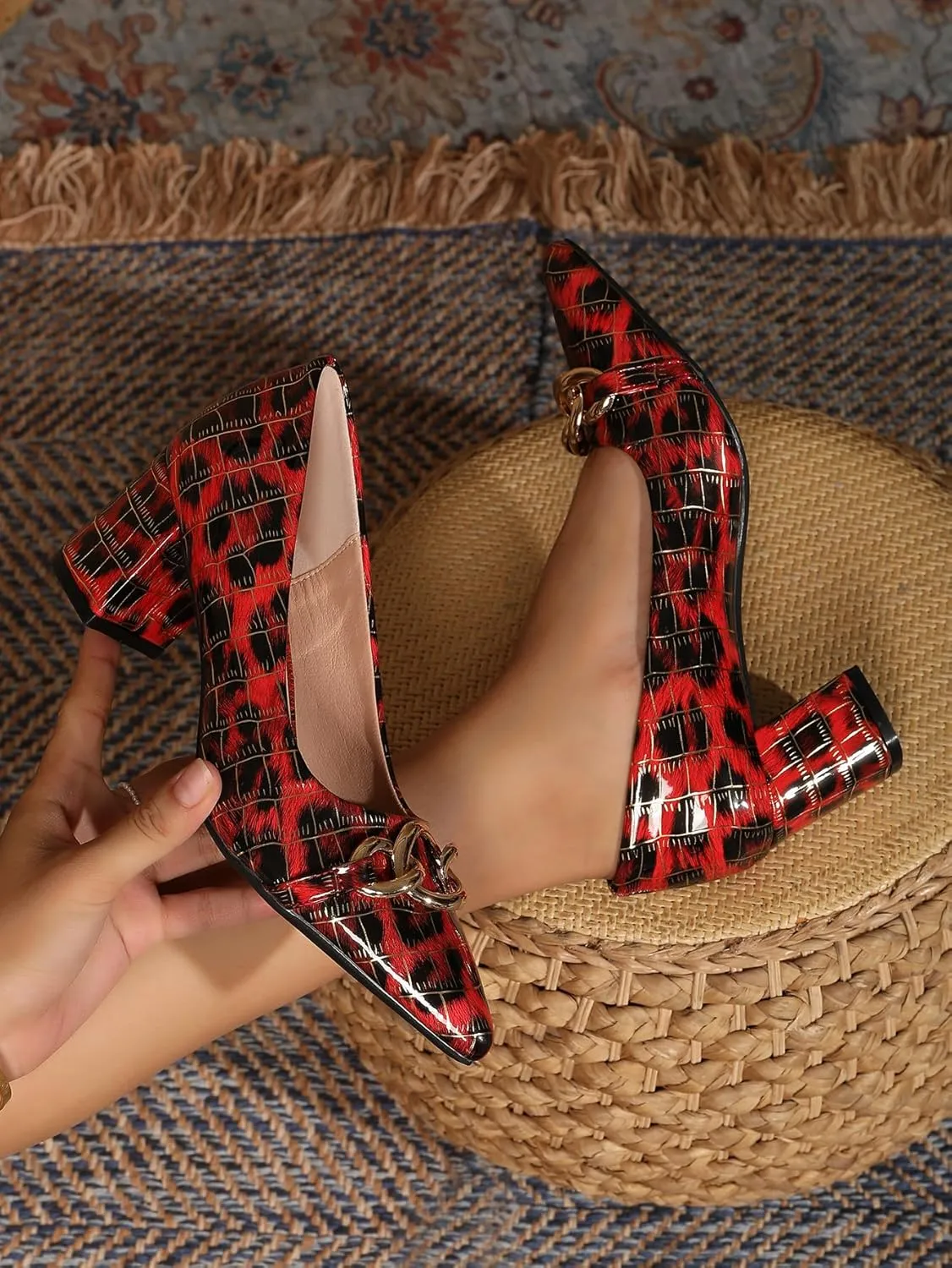 Women's Sexy Leopard Print Pointed Toe Metal Chain Pumps Shoes Low Chunky Block Slip On Patent Leather Heels for Women Wedding Daily Party Dress Shoes 2.36 Inch