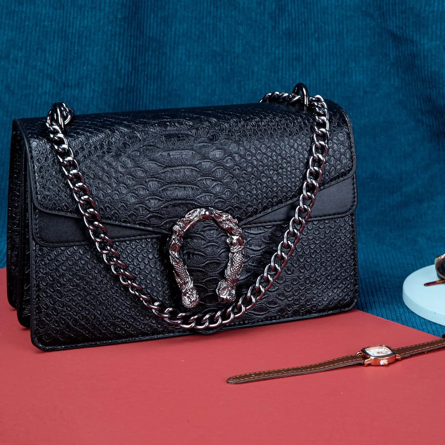 Women's Snake Print Crossbody Shoulder Bag PU Leather Satchel Chain Purse Evening Clutch Handbag
