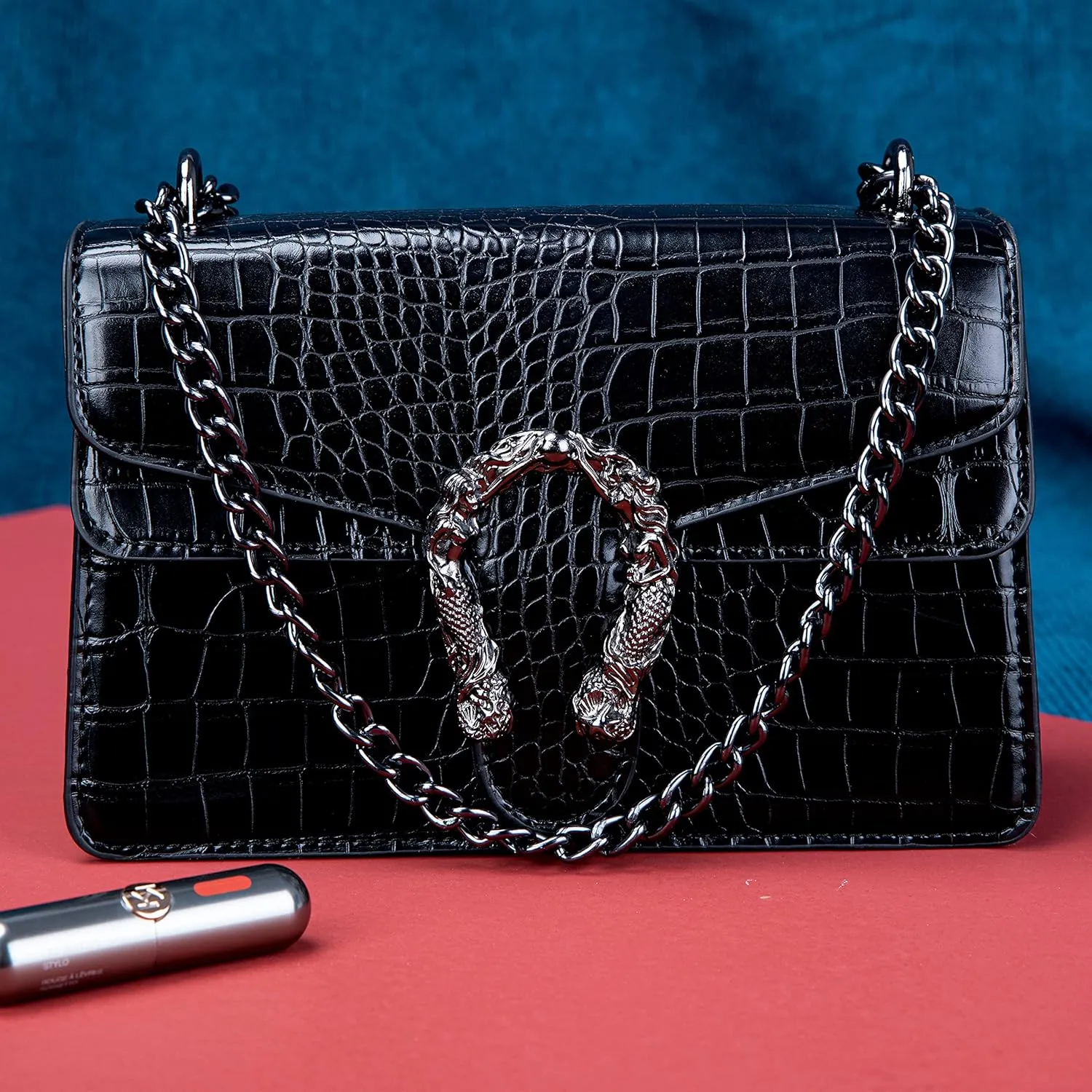 Women's Snake Print Crossbody Shoulder Bag PU Leather Satchel Chain Purse Evening Clutch Handbag