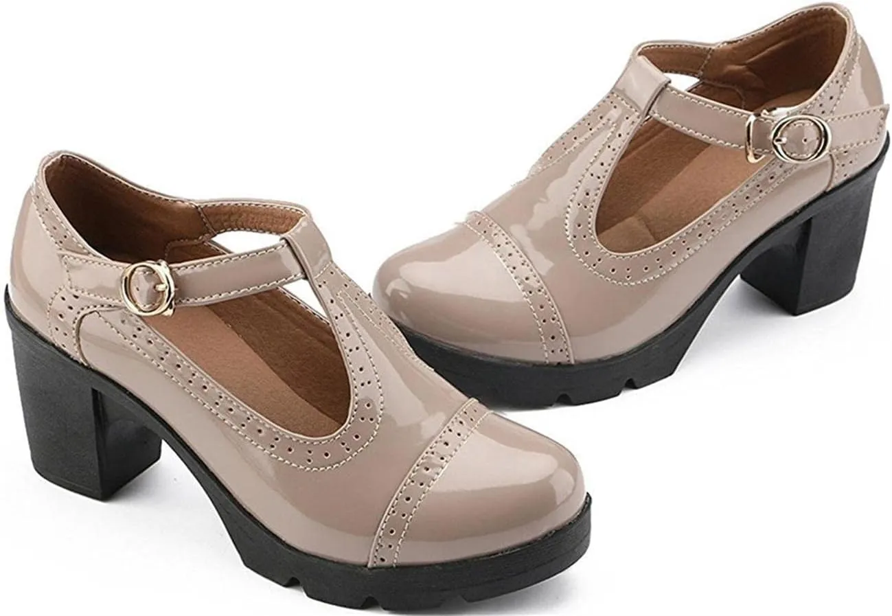 Women's Vintage T-Strap Brogue Dress Shoes Chunky Mid-Heel Oxfords Saddle Shoes